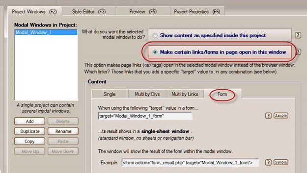correct target of the form in a modal window