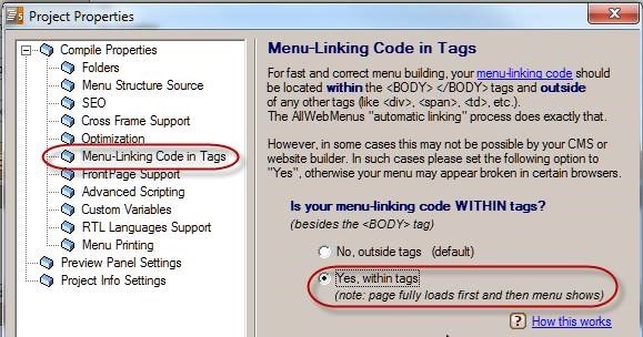 menu linking code in tags