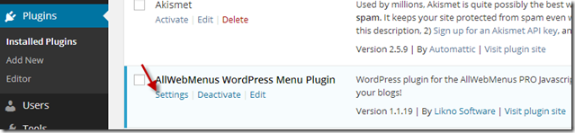 AllWebMenus WordPress Menu Plugin settings