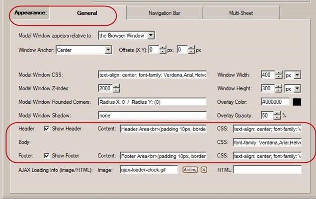 modal window footer and header area settings