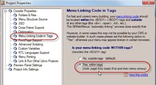 menu linking code within tags