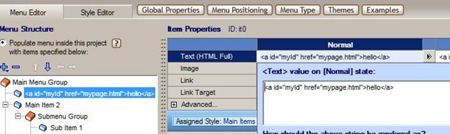 specific menu item set to full HTML mode