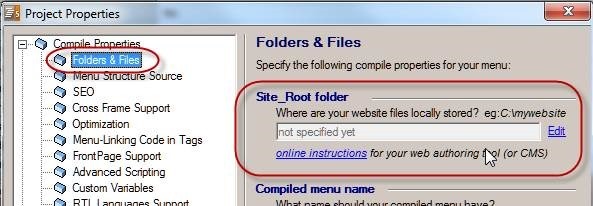 menu site root folder settings