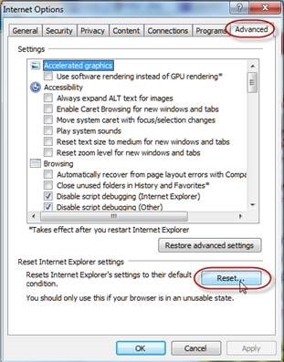 reset internet explorer settings