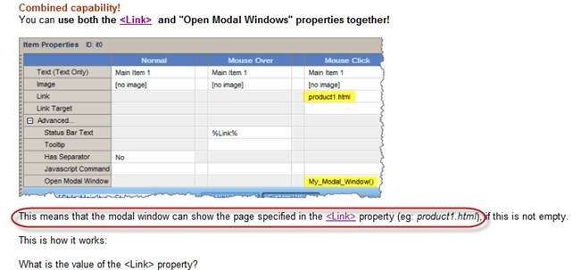 link and modal windows properties