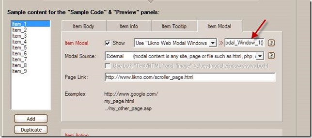modal window trigger code in scroller