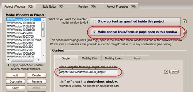 modal window page links settings
