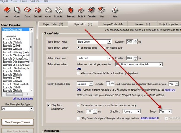 tabs style editor loop settings