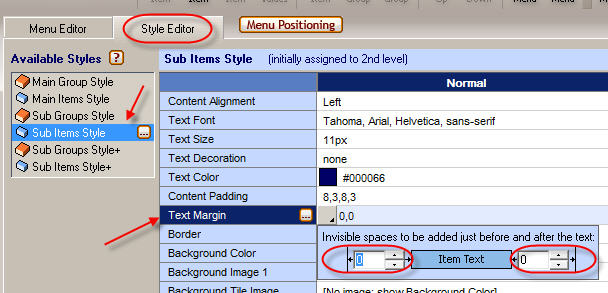 3. How to specify the Text Margin property of the items of your menu.