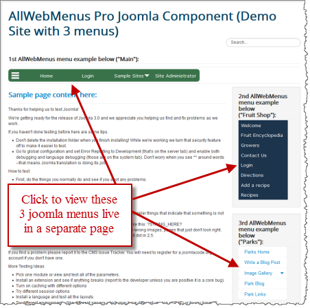 joomla menu demo page